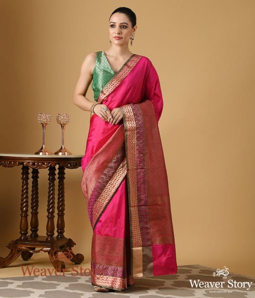 Handwoven_Pink_Katan_Silk_Banarasi_Saree_with_Antique_Zari_Border_WeaverStory_02