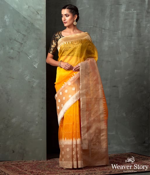 Handloom_Yellow_Ektara_Organza_Saree_with_Beige_Kadhwa_Booti_Border_WeaverStory_02