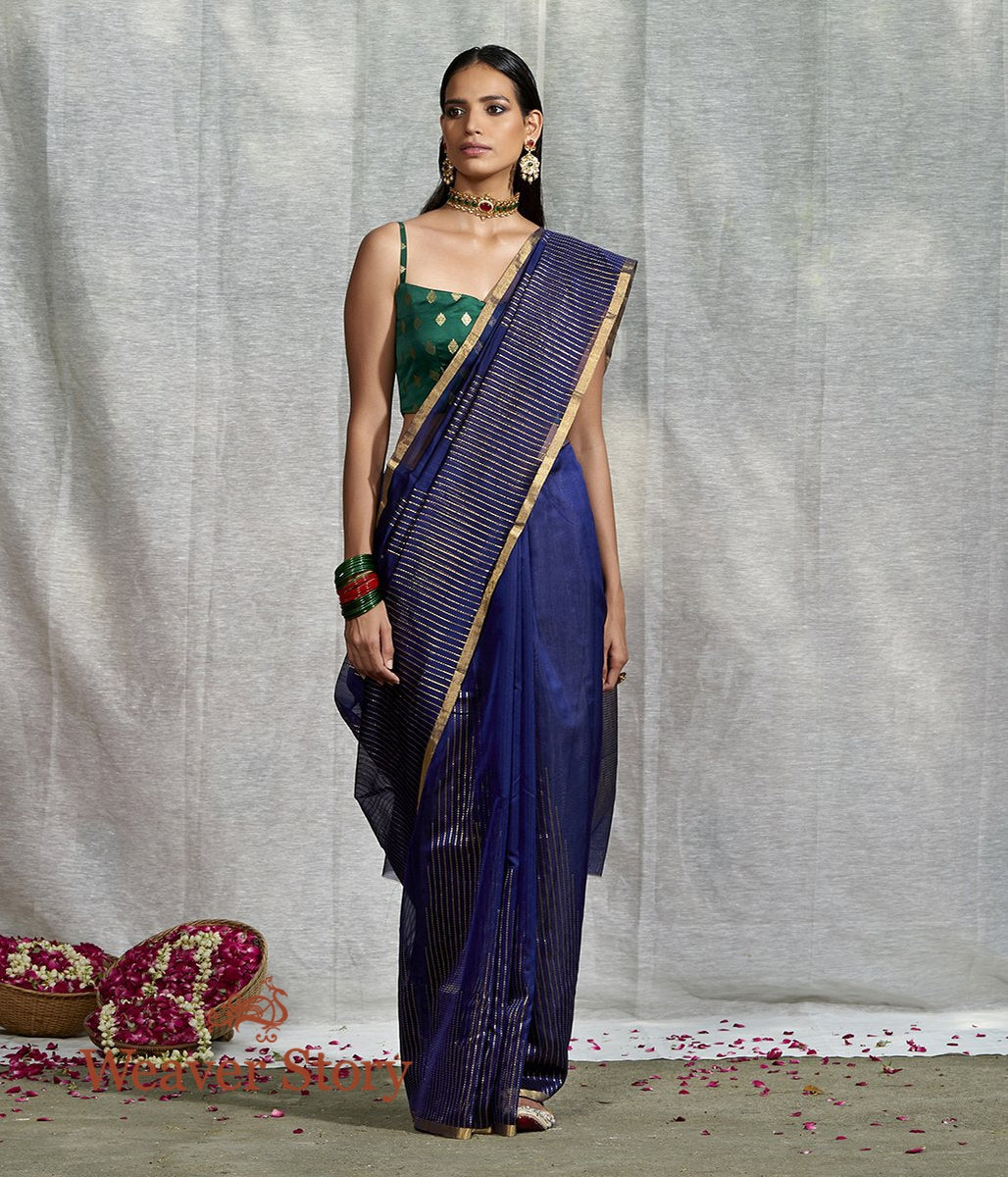 Handwoven_Blue_Merecrised_Cotton_Silk_Saree_with_Zari_Stripes_WeaverStory_02