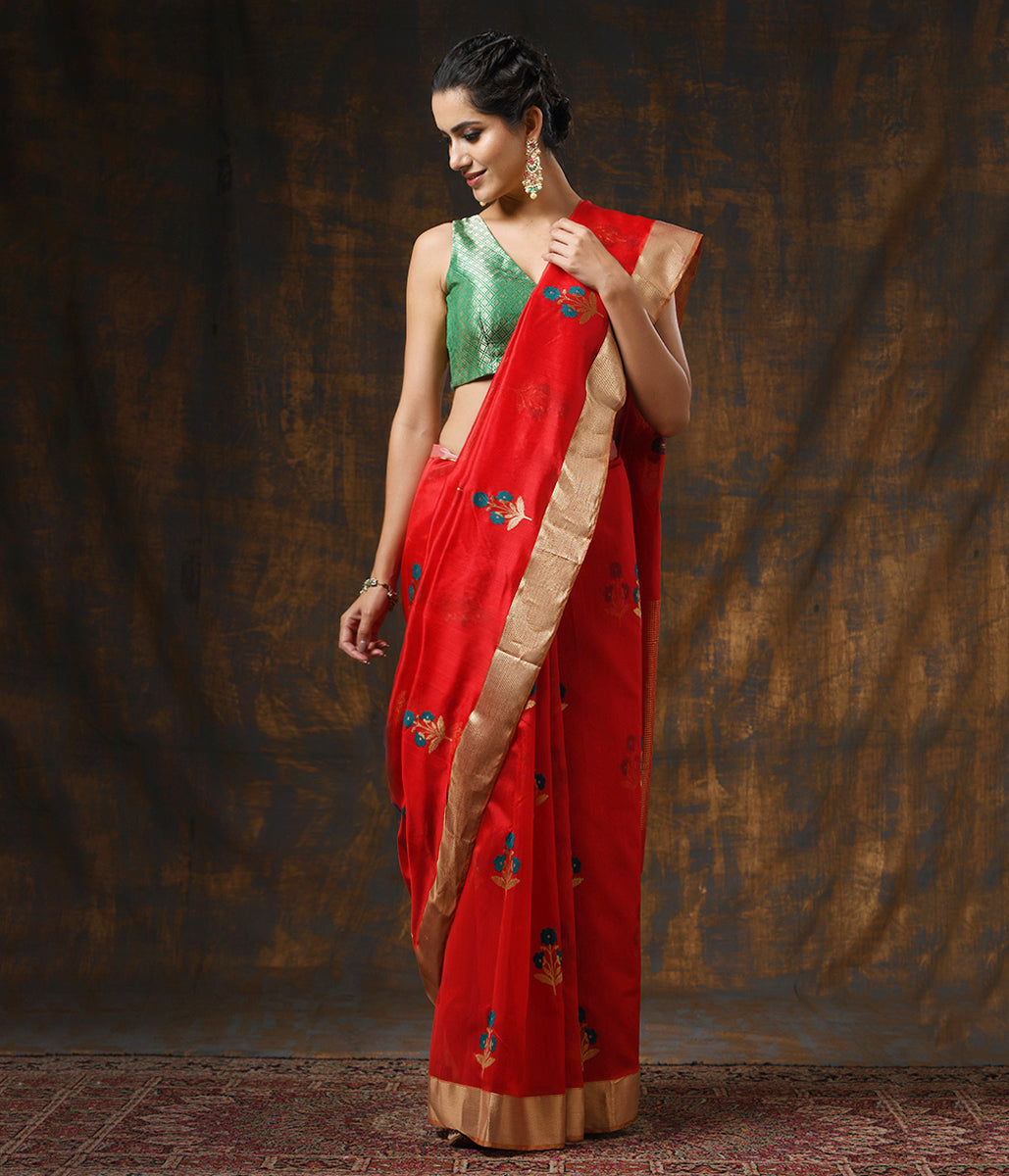 Handloom_Red_Chanderi_Silk_Saree_with_Floral_Motifs_and_Heavy_Gold_Zari_Border_WeaverStory_02
