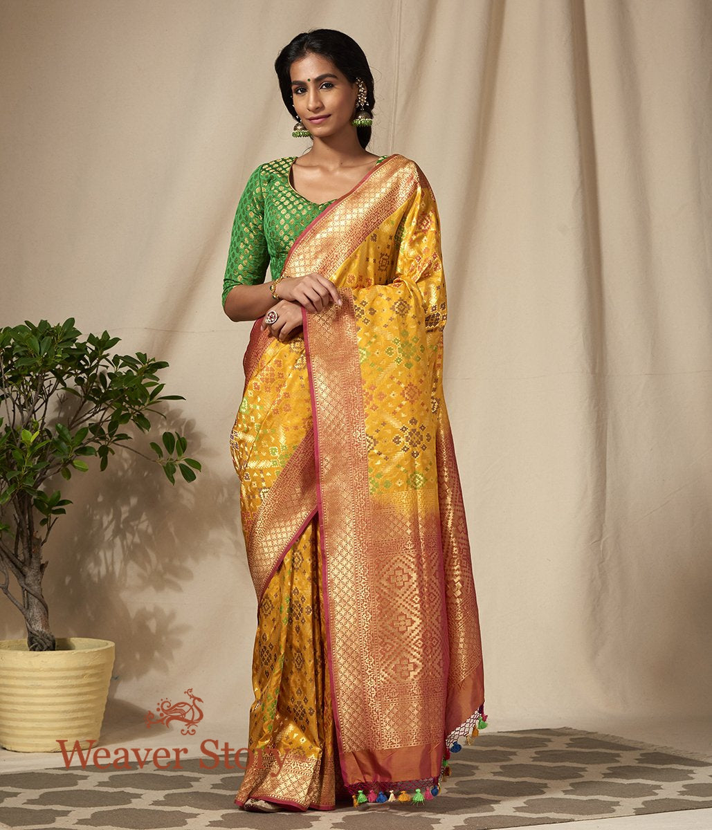 Handwoven_Mustard_Meenakari_Banarasi_Patola_Saree_with_Peach_Border_WeaverStory_02