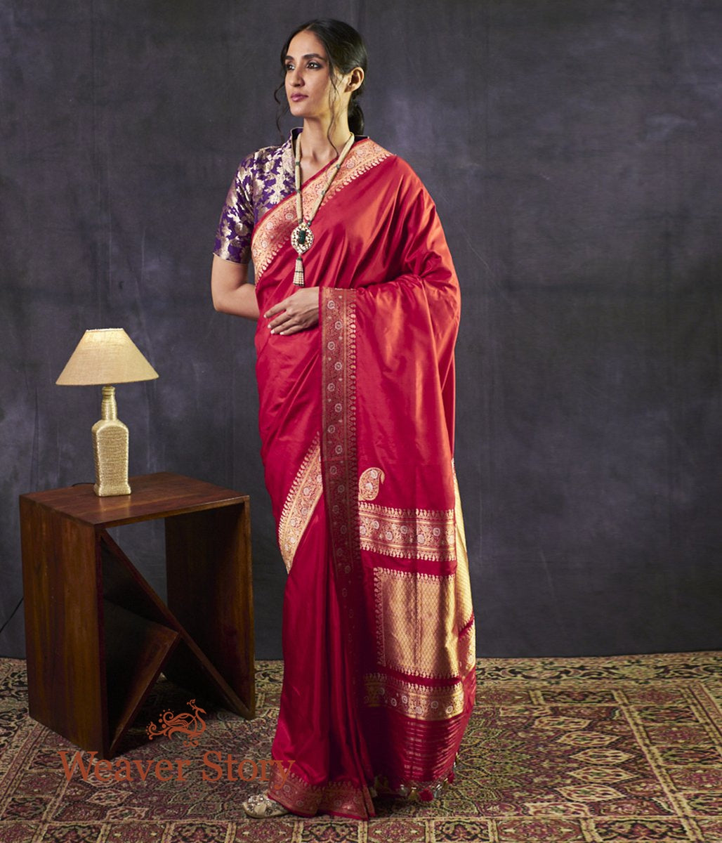 Handwoven_Red_Plain_Saree_with_Gold_and_Silver_Meenakri_Border_WeaverStory_02