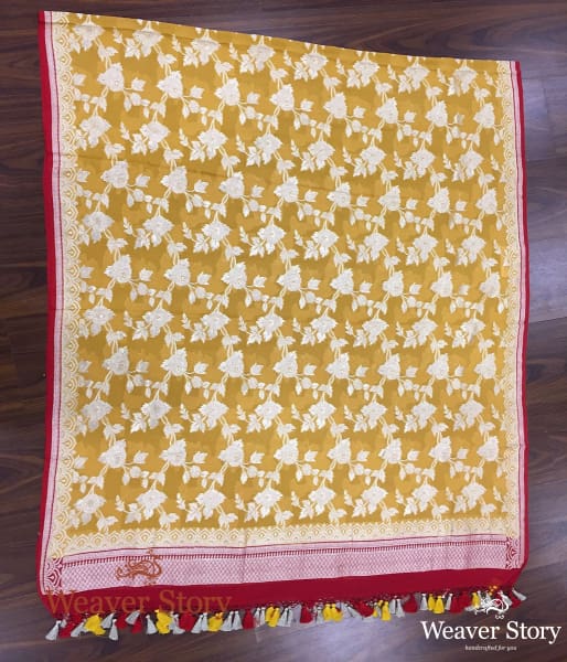 Handwoven_Banarasi_Georgette_Dupatta_in_Mustard_with_Red_Borders_WeaverStory_02