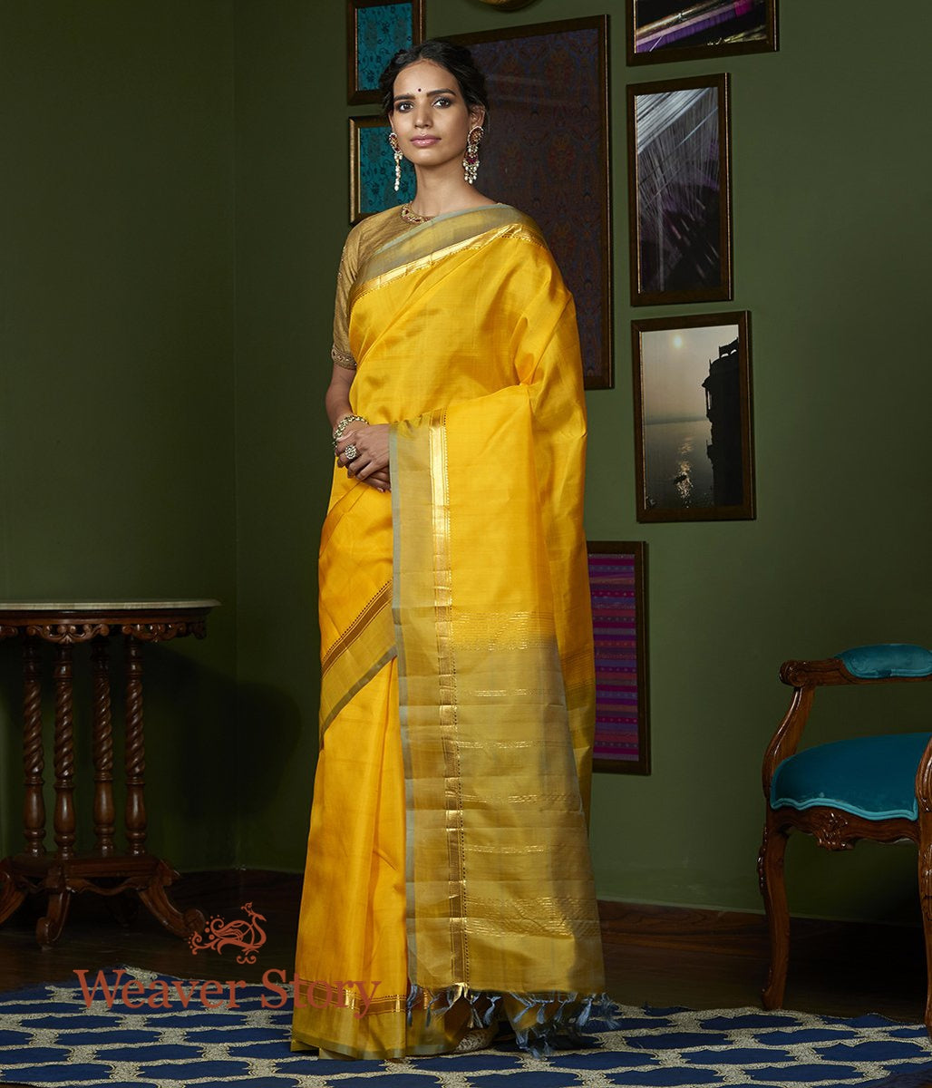 Handwoven_Yellow_Kanjivaram_Silk_Saree_with_Light_Green_Border_WeaverStory_02