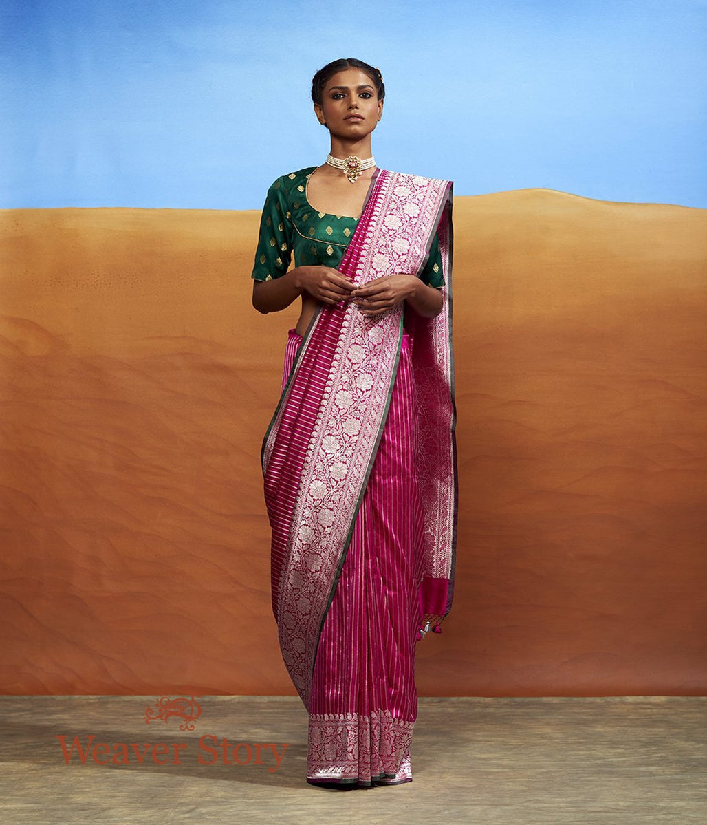 Handwoven_Pink_Plain_Saree_with_Silver_Zari_Stripes_and_Green_Selvedge_WeaverStory_02