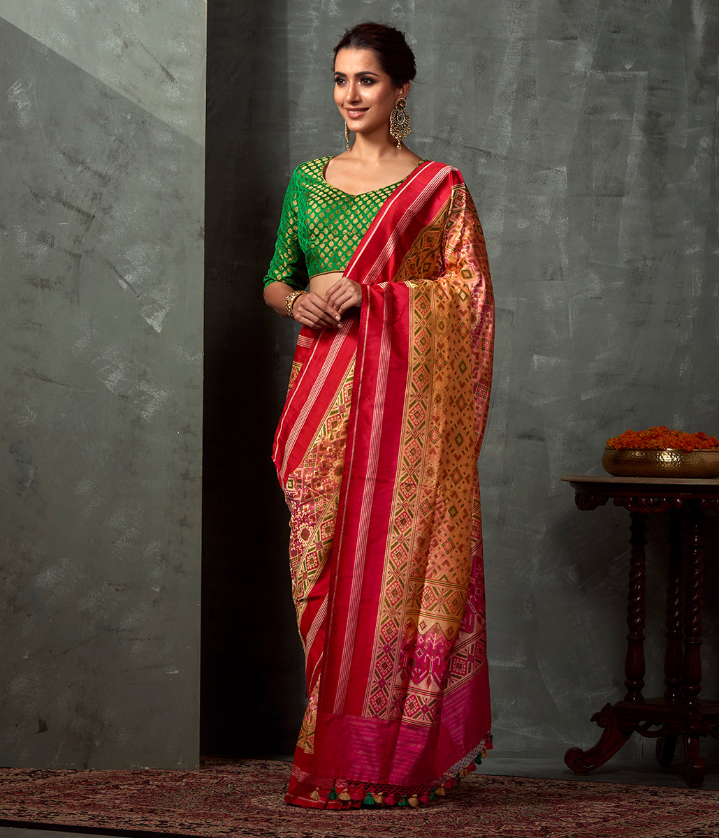 Handwoven_Peach_Meenakari_Patola_Saree_with_Red_Border_WeaverStory_02