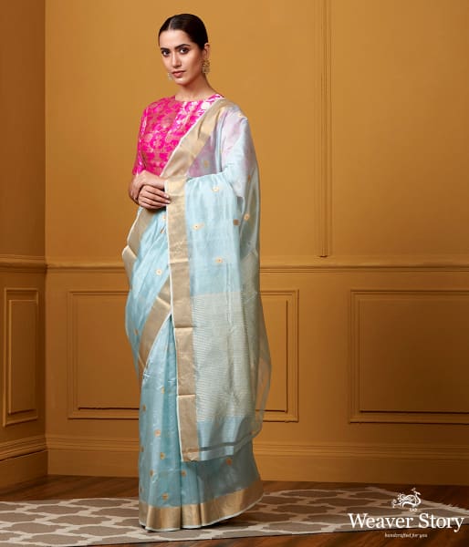 Handwoven_Sky_Blue_Small_Asharfi_Boota_Saree_With_Red_Meena_WeaverStory_02