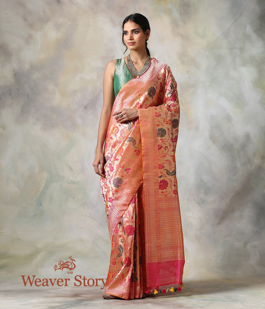 Handwoven_Peach_Floral_Meenakari_Banarasi_Saree_WeaverStory_02