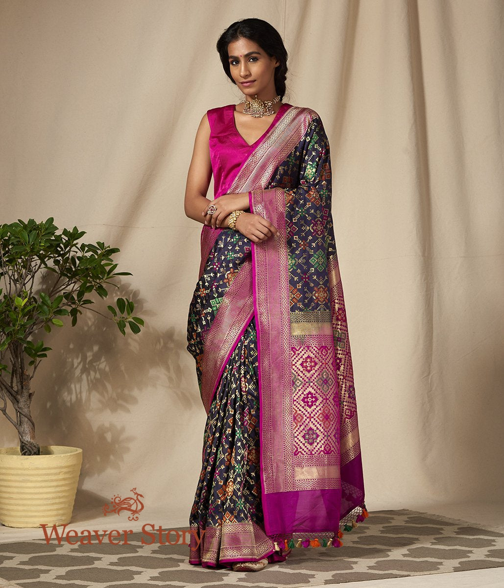 Handwoven_Navy_Blue_Meenakari_Banarasi_Patola_Saree_with_Purple_Border_WeaverStory_02