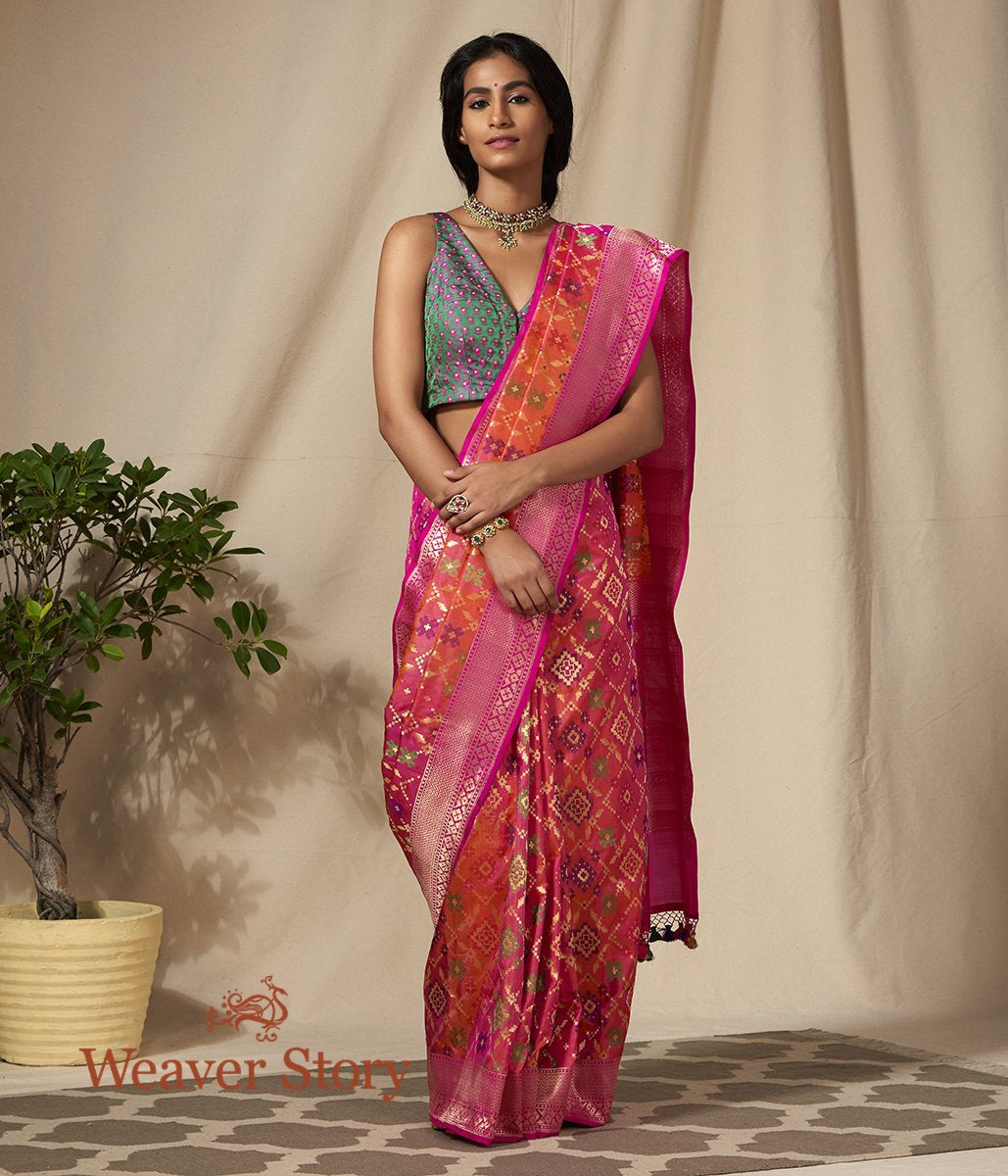 Handwoven_Orange_Pink_Meenakari_Banarasi_Patola_Saree_WeaverStory_02
