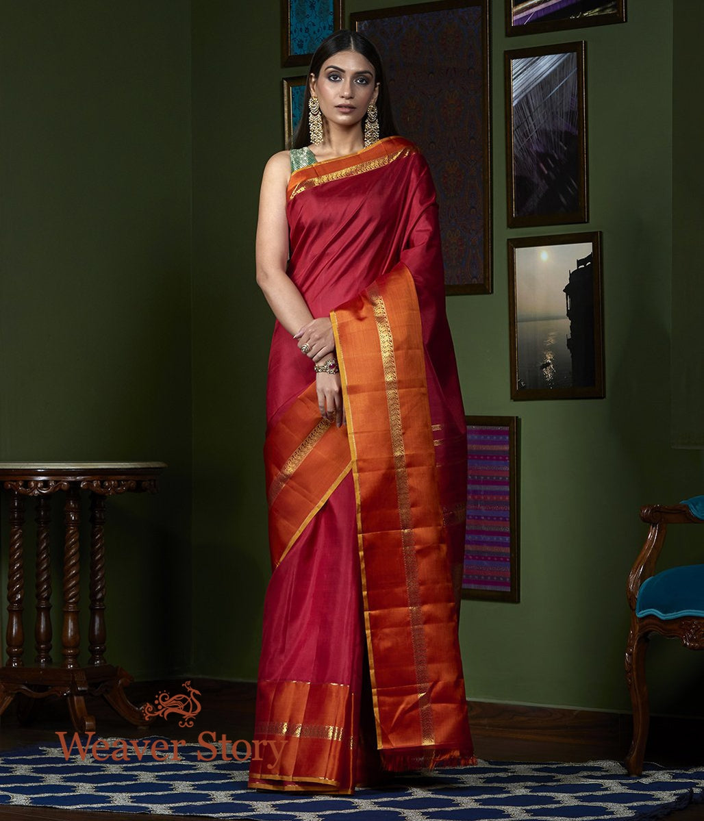 Handwoven_Maroon_Plain_Kanjivaram_Orange_Broad_Border_WeaverStory_02