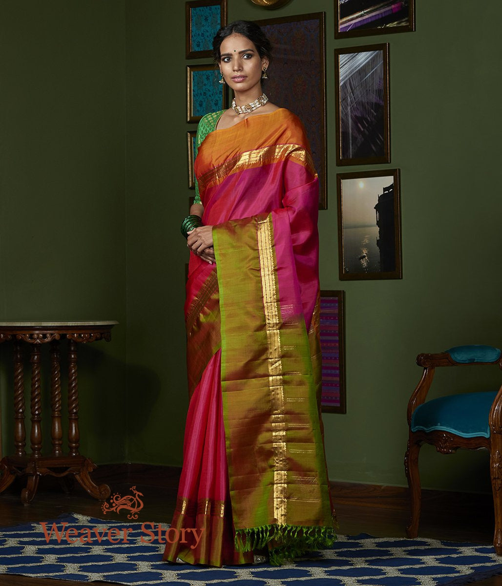 Handwoven_Pink_Kanjivaram_Silk_Saree_with_Green_and_Orange_Broad_Borders_WeaverStory_02