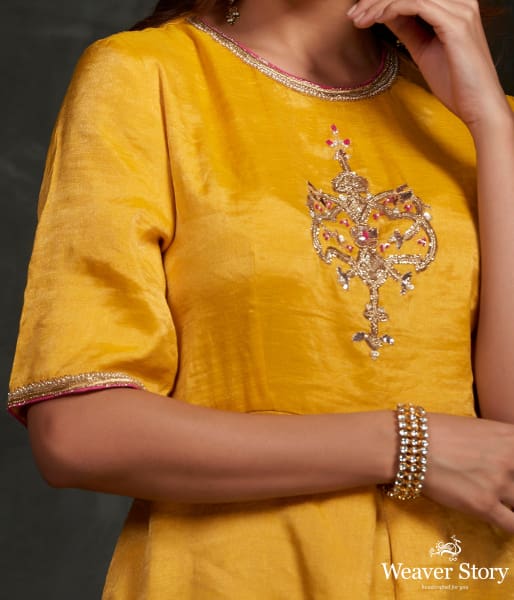 Hand_embroidered_munga_silk_suit_in_mustard_color_with_brocade_palazzo_WeaverStory_02