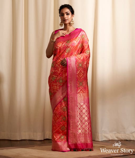 Handwoven_Orange_Banarasi_Patola_Saree_with_Pink_Border_WeaverStory_02