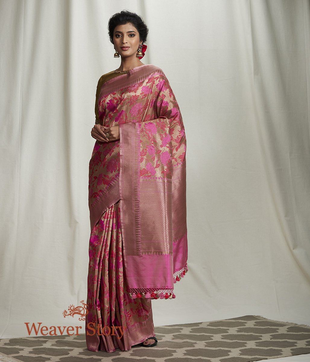 Handwoven_Copper_Zari_Base_Banarasi_Saree_with_Pink_Flowers_WeaverStory_02