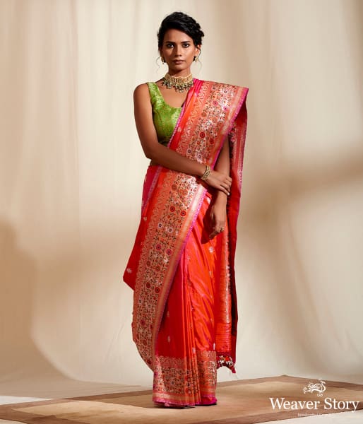 Pink_Orange_Chautera_Border_With_Gold_Silver_Trishul_Booti_WeaverStory_02