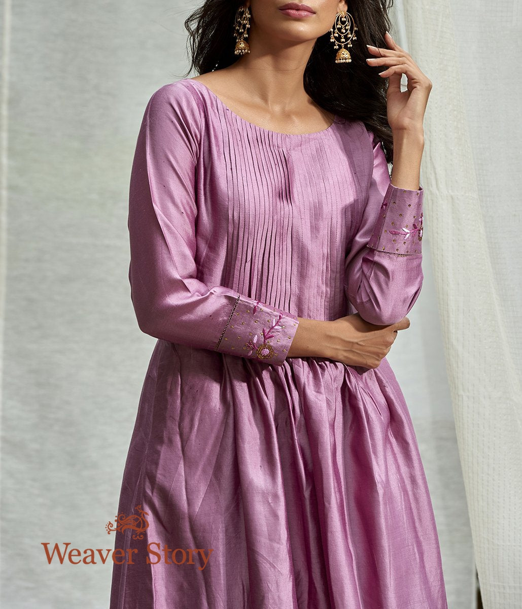 Handwoven_Purple_Front_Pintex_Tunic_with_Embroidered_Cuffs_with_Purple_Striped_Pants_WeaverStory_02