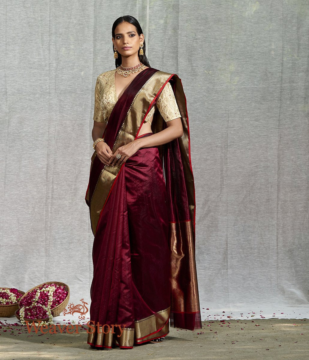 Maroon satin silk plain saree with designer blouse 42016