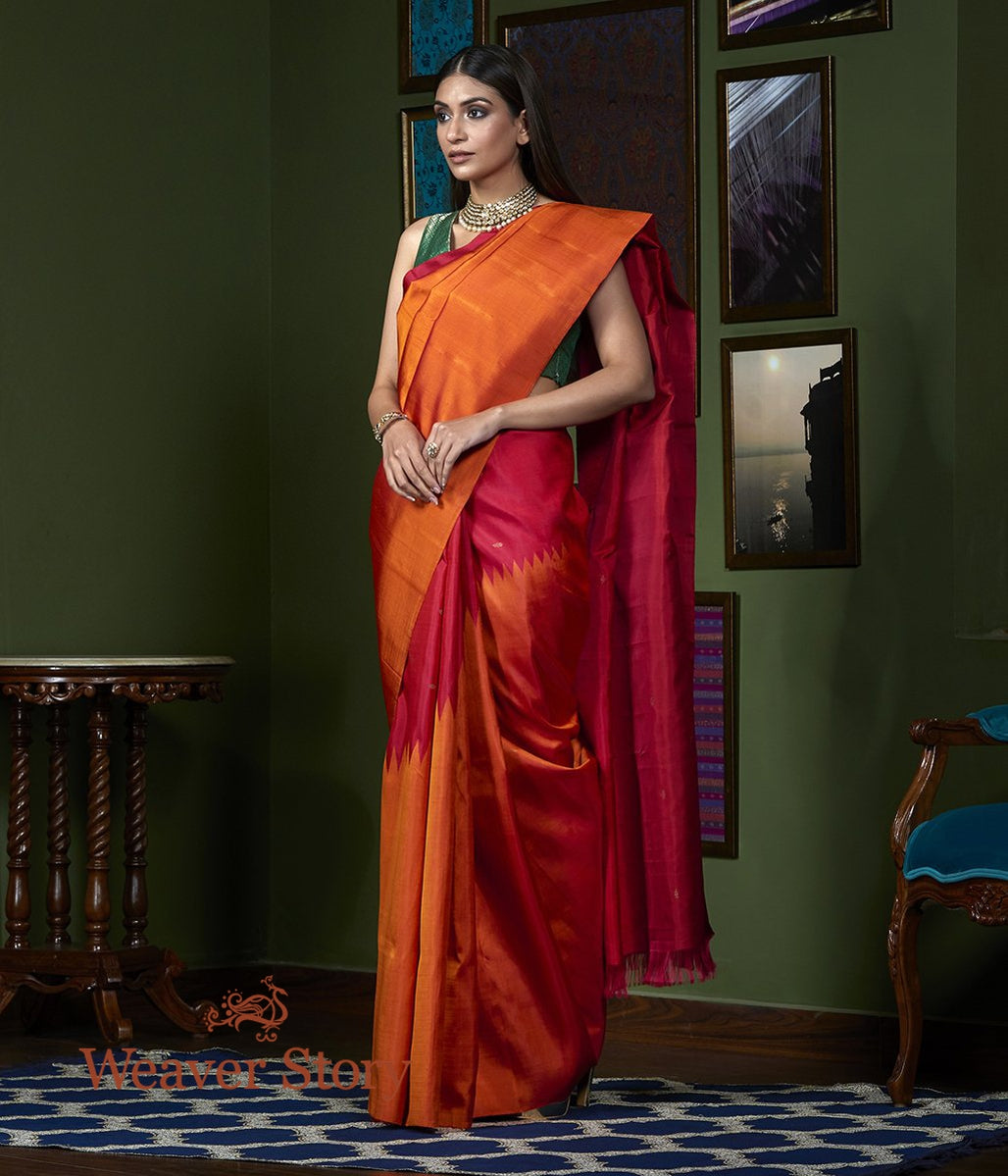 Handwoven_Orange_Twill_Weave_Kanjivaram_Saree_with_Rising_Temple_Borders_WeaverStory_02