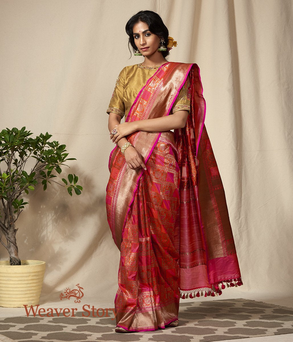 Handwoven_Pink_and_Orange_Antique_Zari_Checks_Banarasi_Patola_Saree_WeaverStory_02