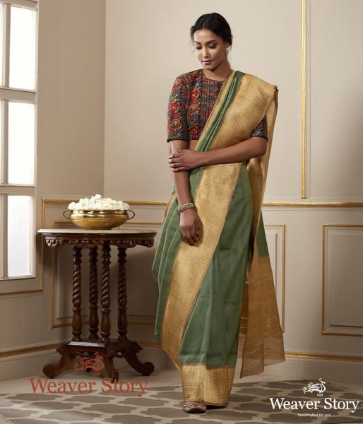 Handwoven_Pista_Green_Pashmina_Saree_WeaverStory_02