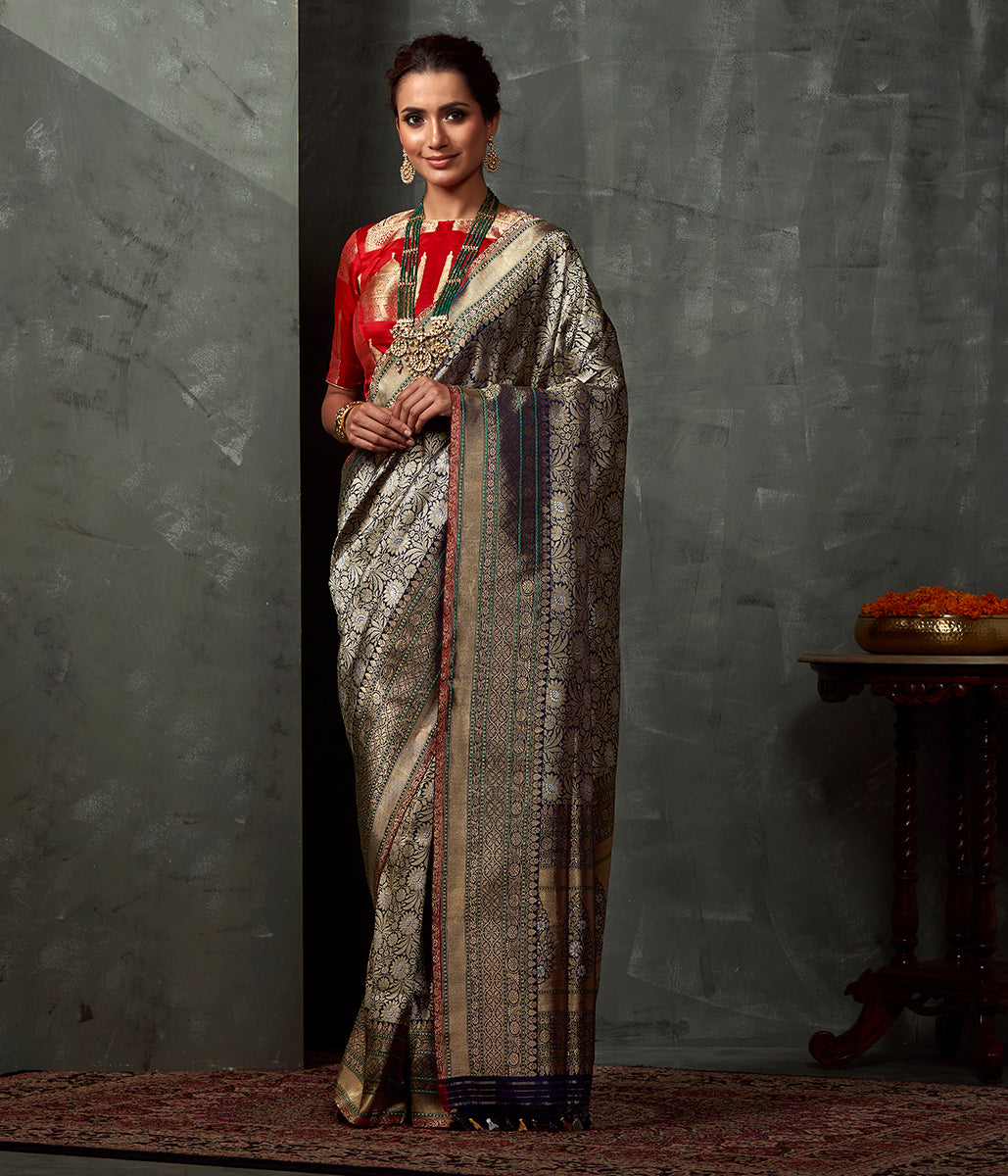 Handwoven_Blue_Floral_Kimkhab_Saree_with_Rust_Selvedge_WeaverStory_02