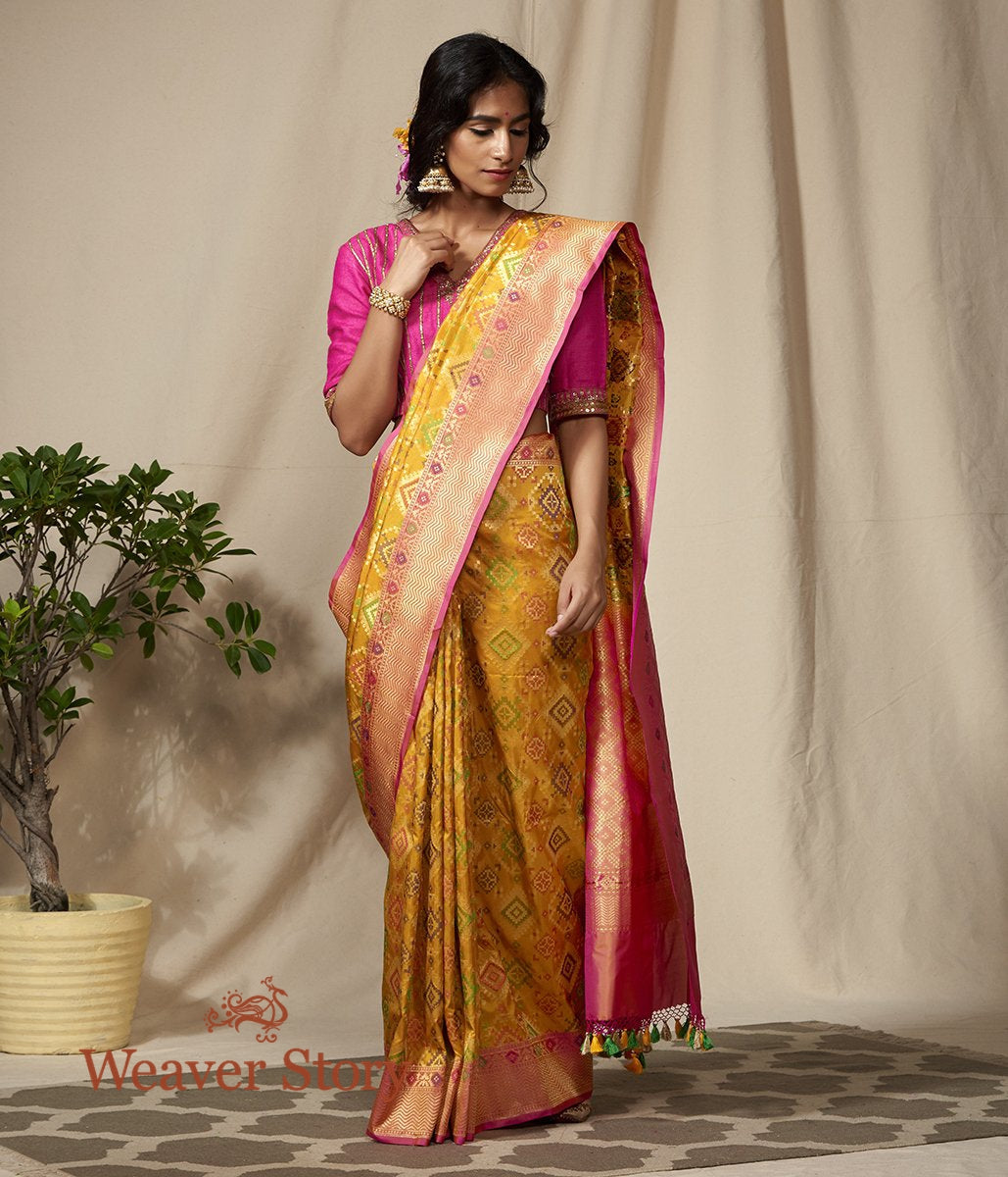 Handwoven_Yellow_and_Pink_Cutwork_Banarasi_Patola_Saree_WeaverStory_02