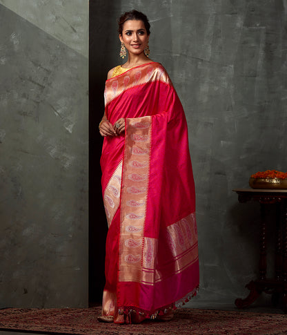 Hot_Pink_Self_Weave_Tanchoi_Saree_with_Gold_and_Silver_Zari_Paisleys_on_the_Border_WeaverStory_02