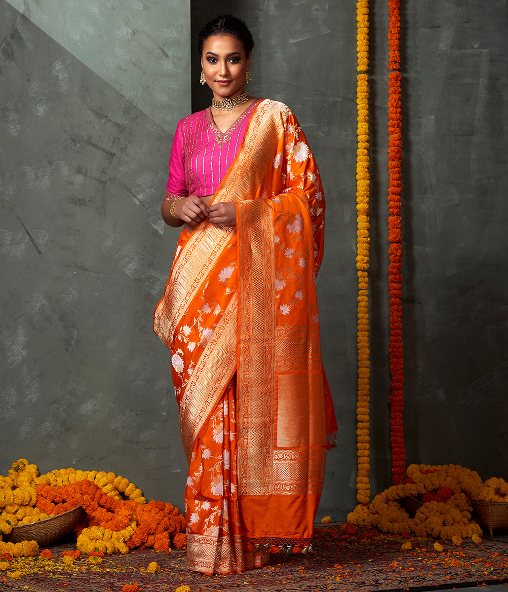 Royal Orange And Red Floral Pattern Digital Print Crepe Silk Saree Wit –  Fabcurate