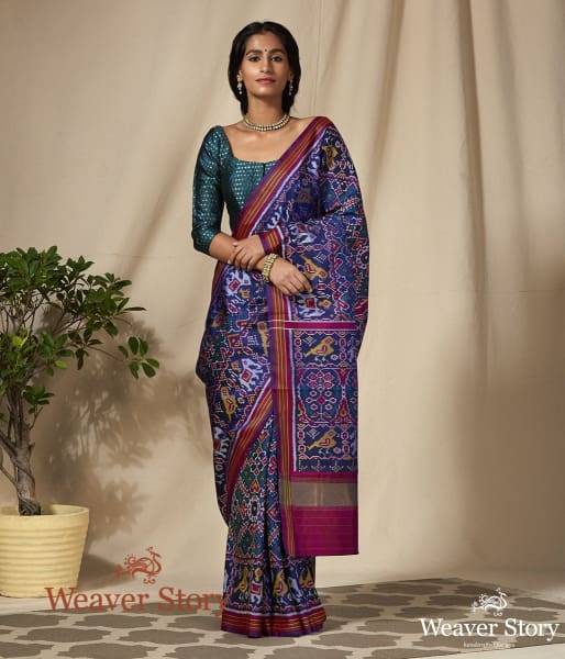 Handwoven_Blue_Green_Semi_Patan_Saree_WeaverStory_02