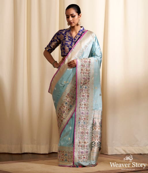 Handwoven_Light_Blue_Trishul_Boota_Saree_with_Pachhera_Border_in_Pink_WeaverStory_02