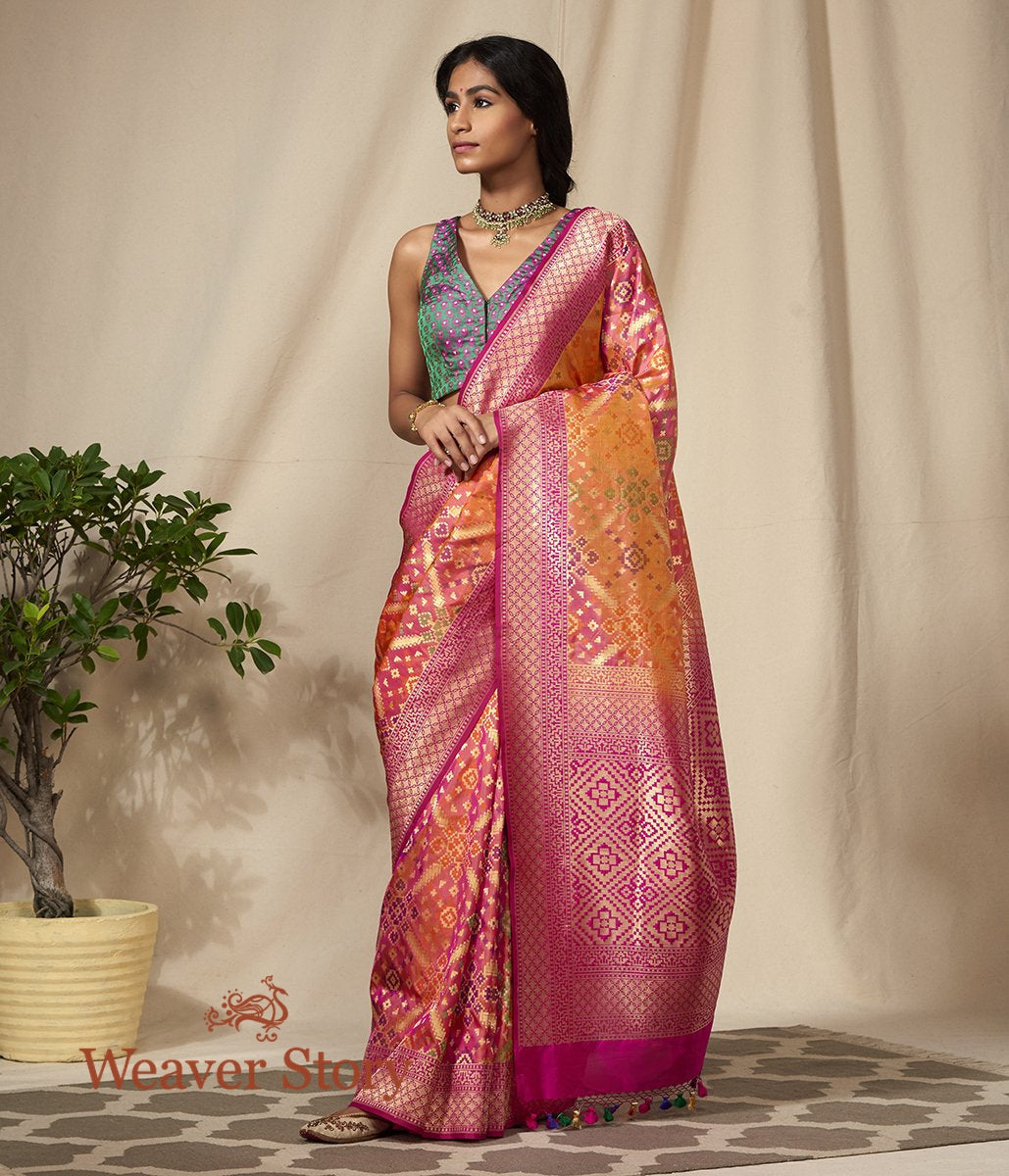 Handwoven_Katan_Cutwork_Banarasi_Patola_in_Orange_and_Pink_Dual_Tone_WeaverStory_02