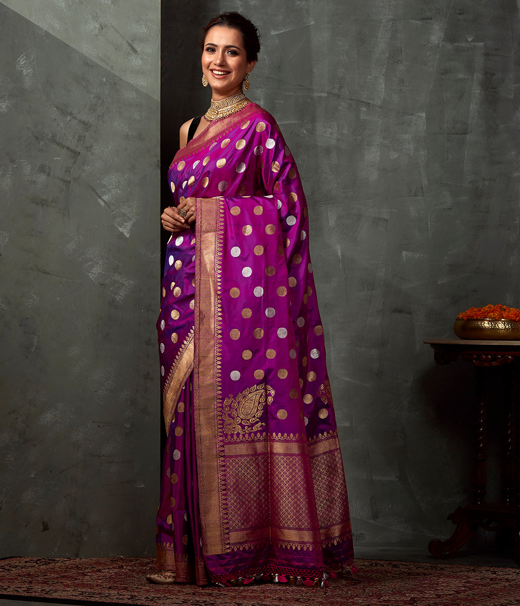 Handwoven_Purple_Pink_Saree_with_Gold_and_Silver_Polka_Booti_WeaverStory_02