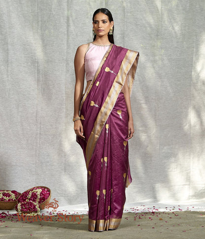 Handwoven_Wine_Floral_Boota_Saree_with_Gold_Silver_Chevron_Border_WeaverStory_02