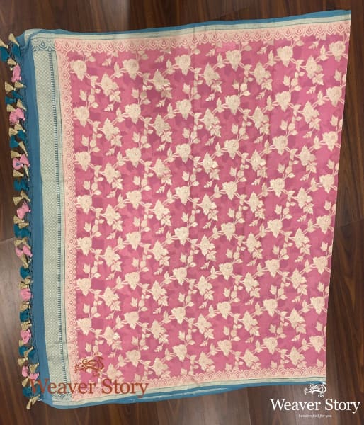 Handwoven_Pink_Banarasi_Georgette_Dupatta_with_Blue_Borders_WeaverStory_02