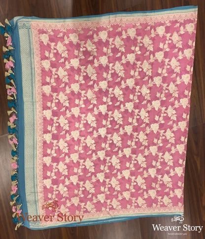 Handwoven_Pink_Banarasi_Georgette_Dupatta_with_Blue_Borders_WeaverStory_02