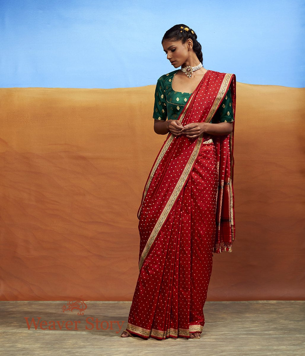 Handwoven_Red_Booti_Saree_with_Konia_and_Heavy_Blouse_WeaverStory_02