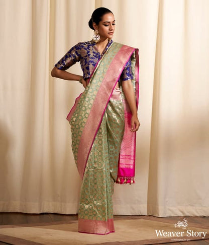 Handwoven_Light_Green_Phulkari_Pattern_Saree_with_Pink_Border_WeaverStory_02