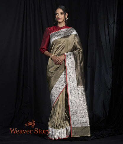Handloom_Olive_and_Black_Silk_Tissue_Saree_with_Red_Selvedge_WeaverStory_02