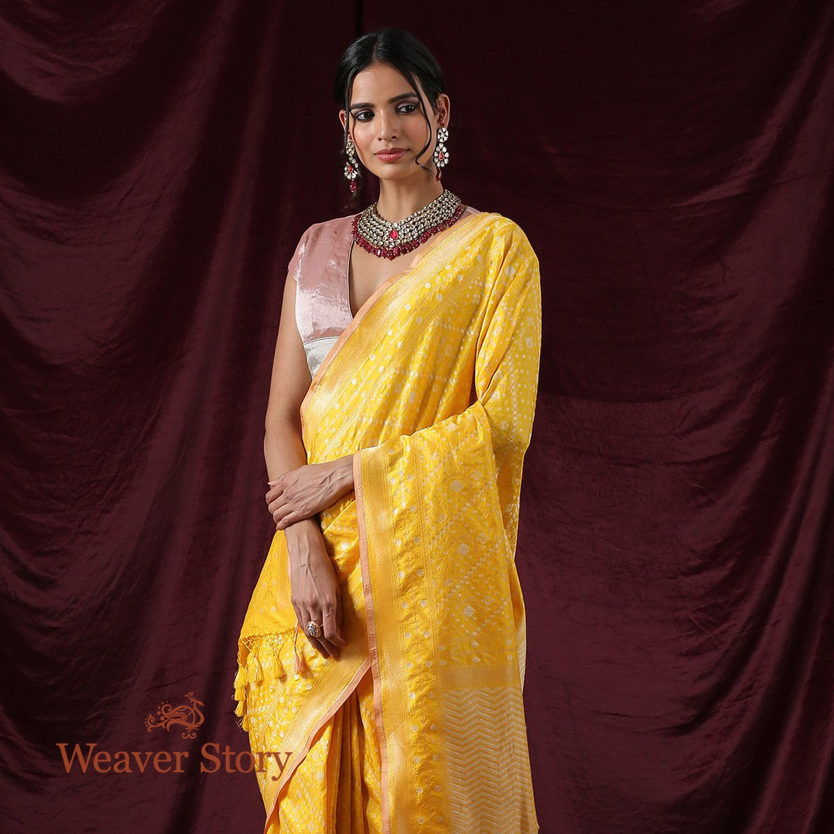 Handwoven_Yellow_Cutwork_Banarasi_Saree_with_Cutwork_Jamdani_Weave_WeaverStory_01