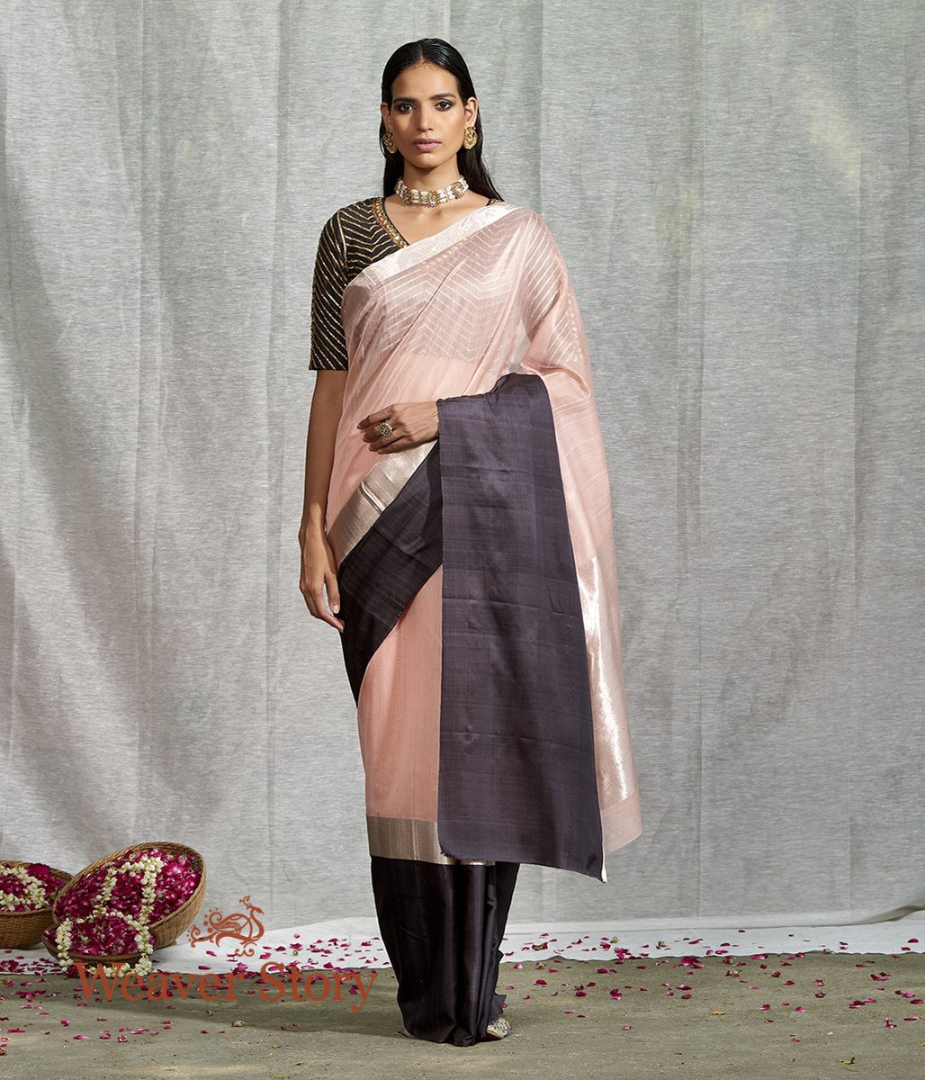 Handwoven_Peach_Plain_Saree_with_Black_Mushroo_Border_WeaverStory_02