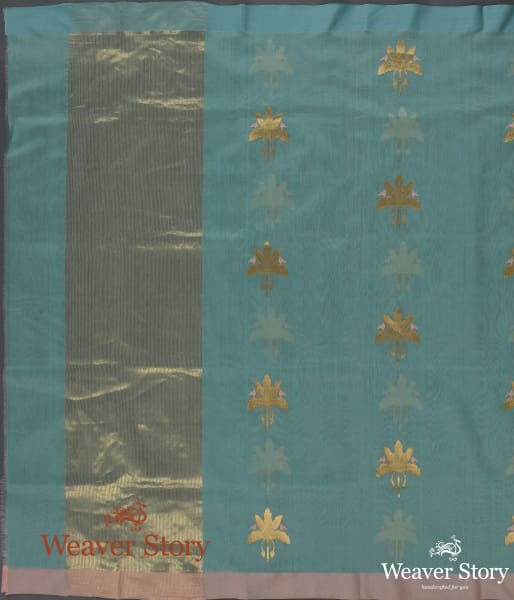 Handwoven_Blue_Cotton_Silk_Chanderi_Dupatta_with_Gold_Leaf_Motif_With_Birds_WeaverStory_02