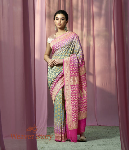 Handwoven_Pink_and_Green_Shaded_Banarasi_Bandhej_Saree_WeaverStory_02