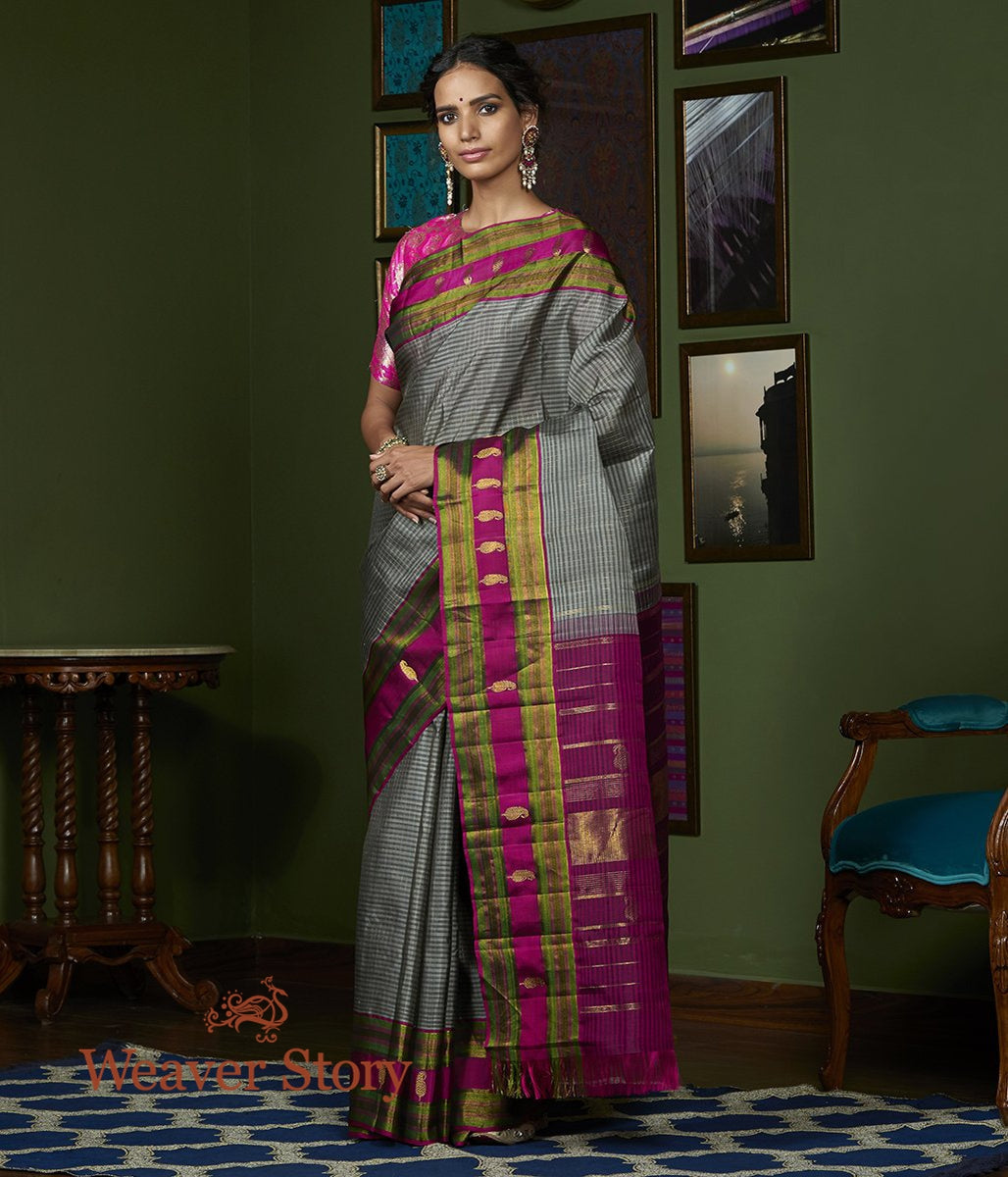 Handwoven_Grey_Kanjivaram_Silk_Saree_with_Zari_Checks_and_Purple_Border_with_Paislesy_WeaverStory_02