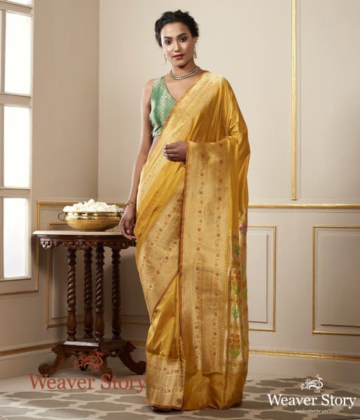 Handwoven_Yellow_Katan_Silk_Saree_with_Floral_Meenakari_Border_and_Pallu_WeaverStory_02