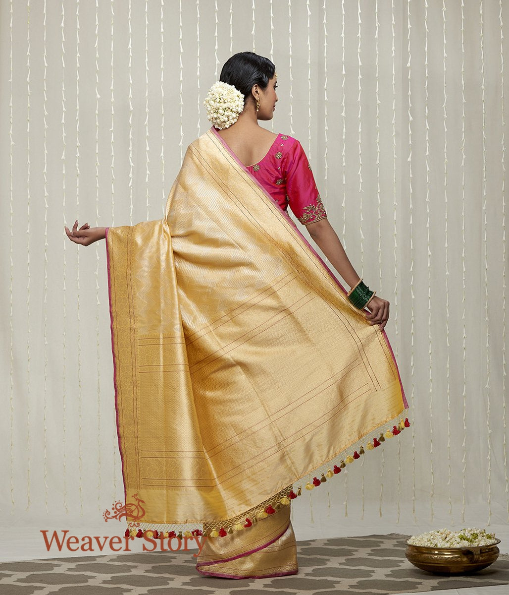 Handwoven_Yellow_and_Gold_Zari_Tanchoi_Saree_with_Pink_Selvedge_WeaverStory_03