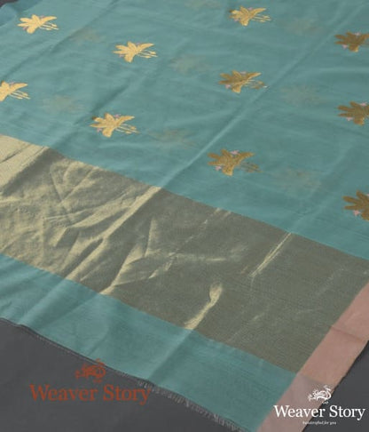 Handwoven_Blue_Cotton_Silk_Chanderi_Dupatta_with_Gold_Leaf_Motif_With_Birds_WeaverStory_03