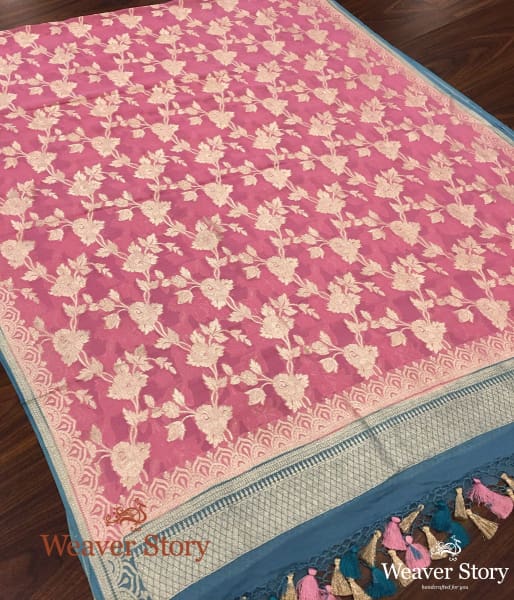 Handwoven_Pink_Banarasi_Georgette_Dupatta_with_Blue_Borders_WeaverStory_03