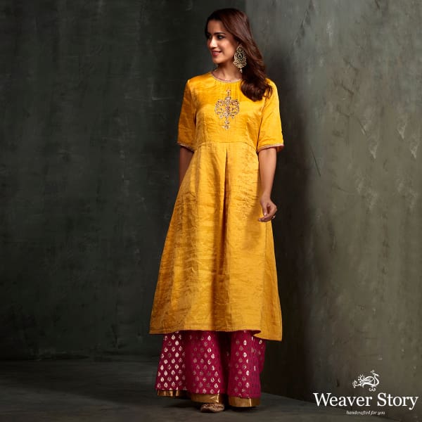 Hand_embroidered_munga_silk_suit_in_mustard_color_with_brocade_palazzo_WeaverStory_03