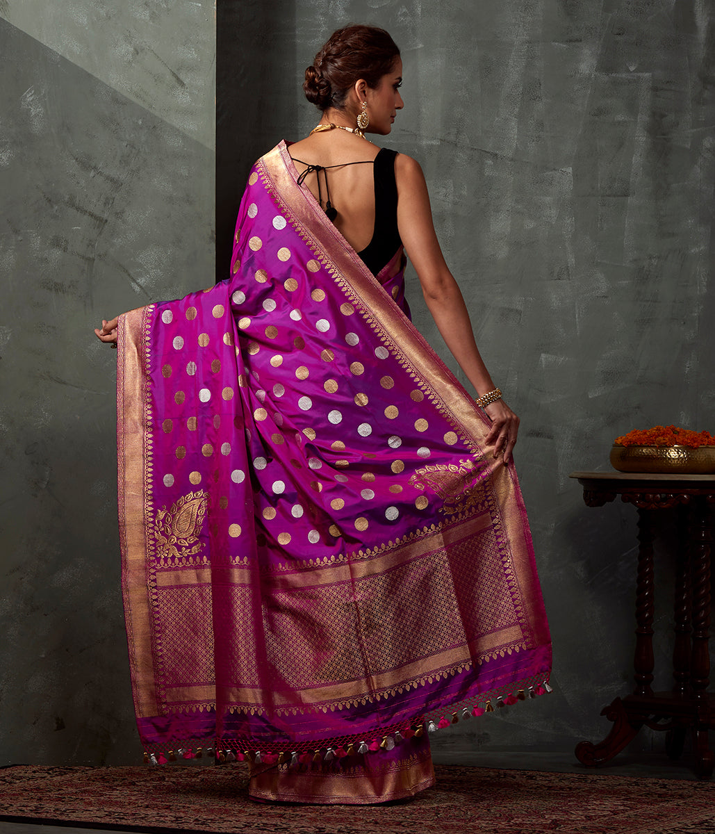 Handwoven_Purple_Pink_Saree_with_Gold_and_Silver_Polka_Booti_WeaverStory_03